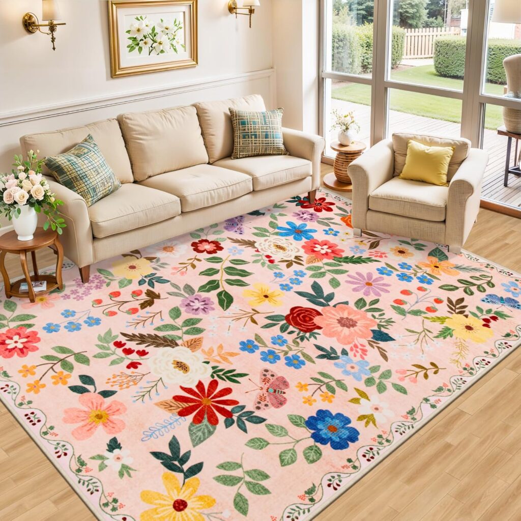 Bold colorful area rug for rental living room dopamine decor floor transformation