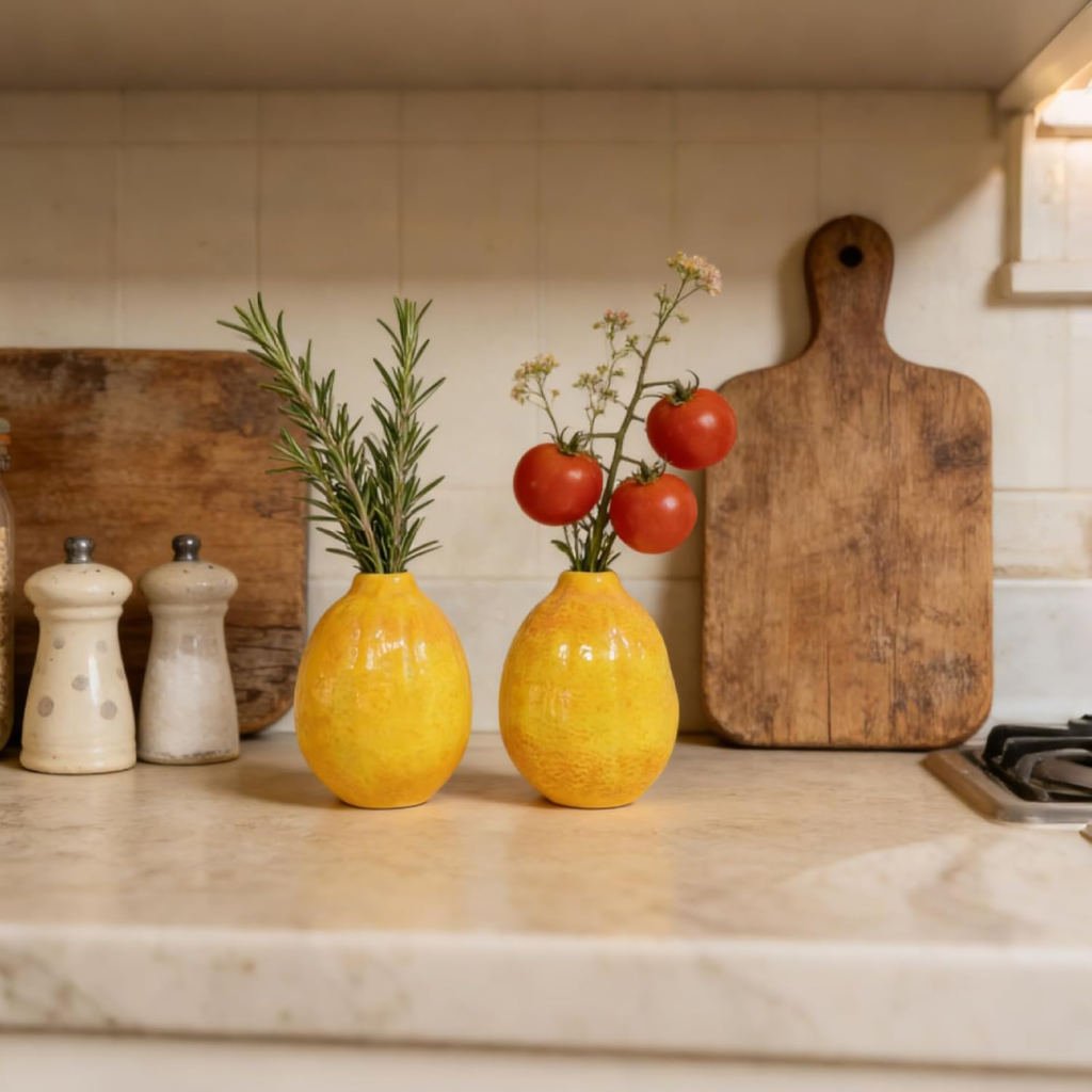 Cynkeyee lemon shaped ceramic vase set of 2 for dopamine decor kitchen and shelf styling