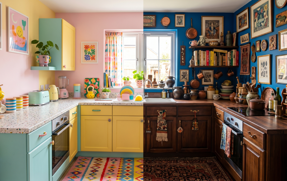 Side by side comparison of dopamine decor versus maximalism showing a bright colorful yellow and pink kitchen on the left and a dark cluttered maximalist kitchen filled with antiques and copper pots on the right