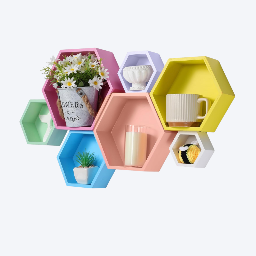 honeycomb floating shelves set of seven in a variety of colors