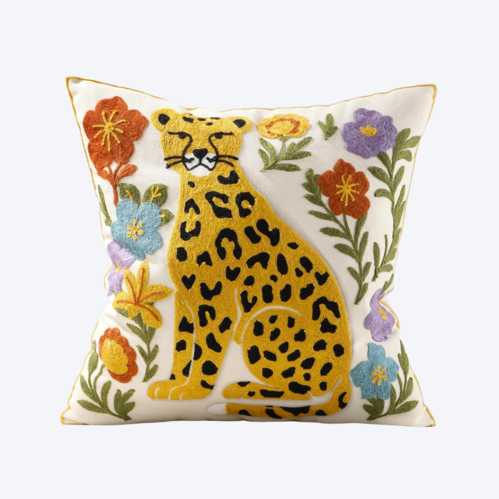 embroidered floral leopard pillow cover
