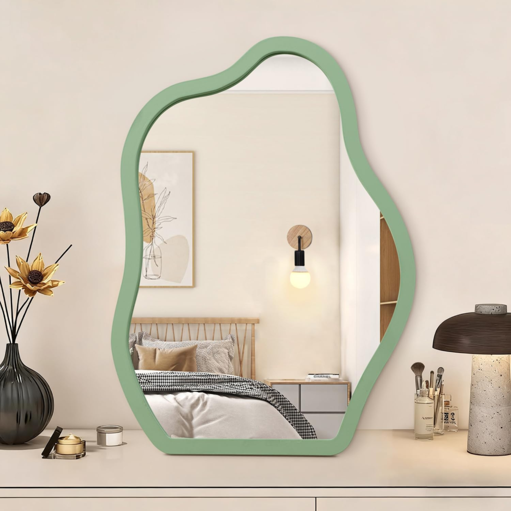 freestanding wavy mirror with light blue frame