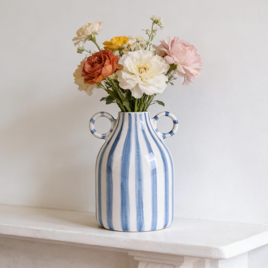 Nordic style ceramic vase with handle for colorful dopamine decor shelf and table styling