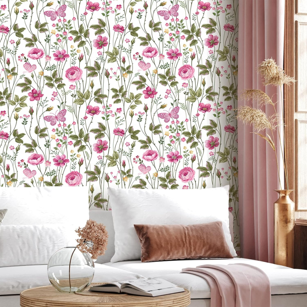 CRE8TIVE butterfly peel and stick removable wallpaper in bold colorful botanical print for rental walls