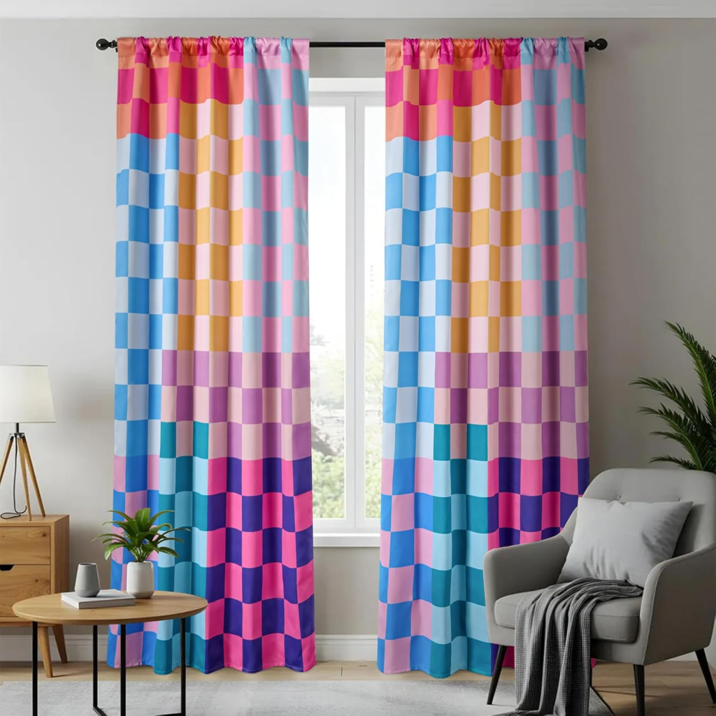 multicolored blackout checkered curtains
