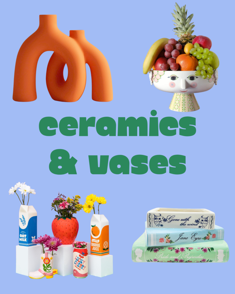 Colorful hand painted ceramics and bold vases from Etsy and Amazon for dopamine decor shelf styling