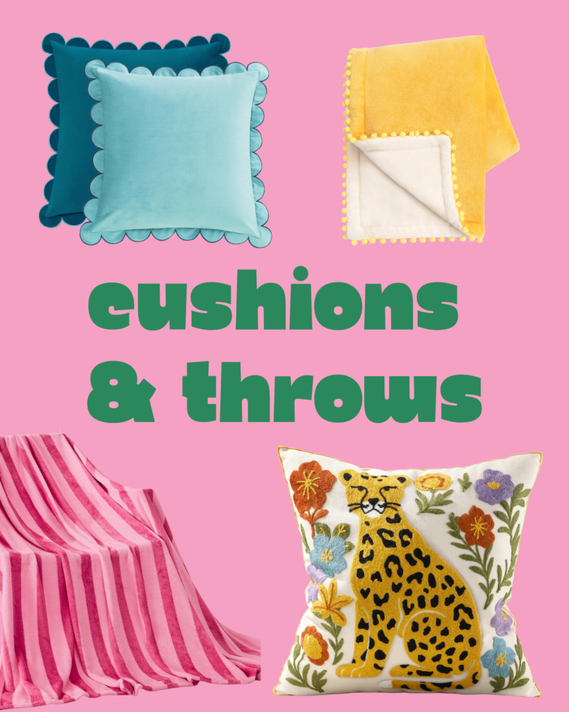 Bold colorful cushion covers and throw blankets for maximalist dopamine decor living rooms and bedrooms