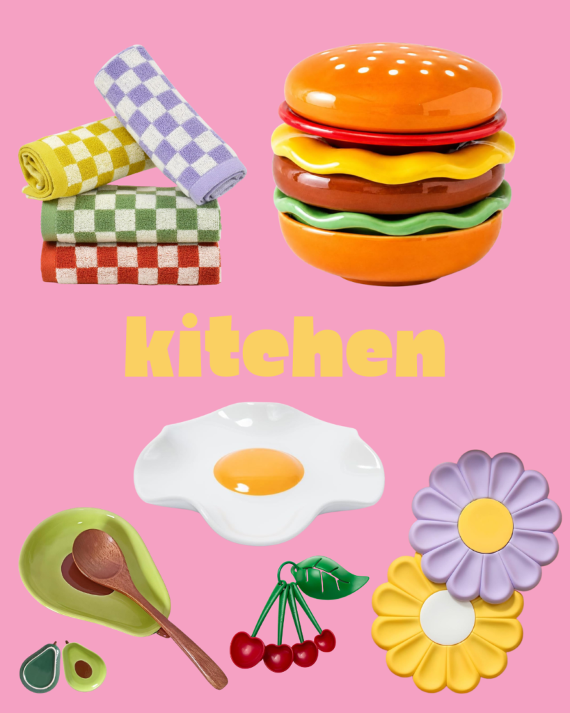 Bold and colorful kitchen accessories edit featuring retro kitsch finds and dopamine decor kitchen styling picks