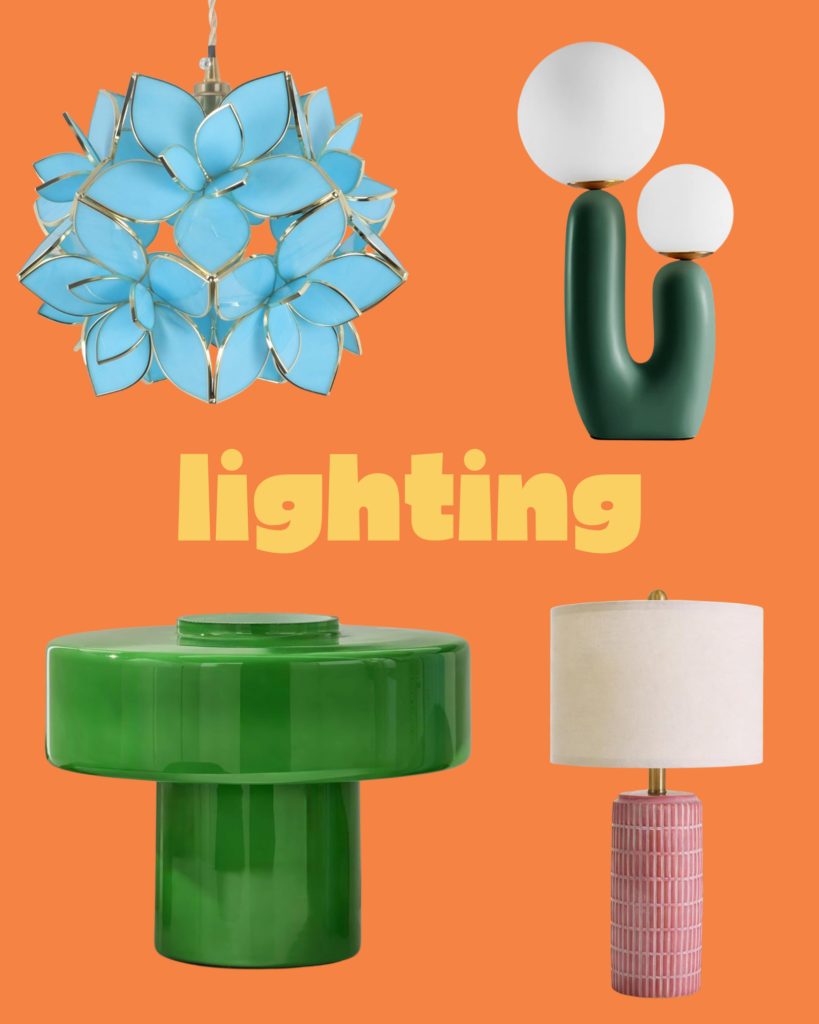 Colorful table lamps and bold lighting picks for dopamine decor home styling