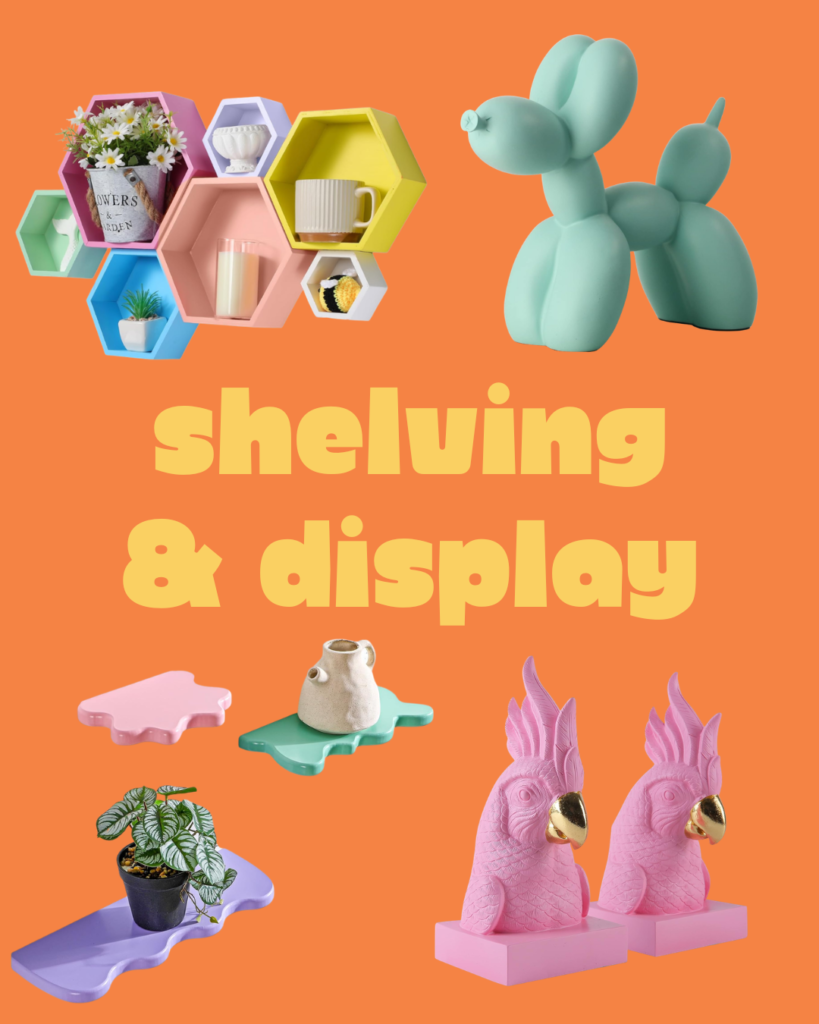 Colorful shelving and display accessories for dopamine decor home styling including floating shelves and bold ceramics