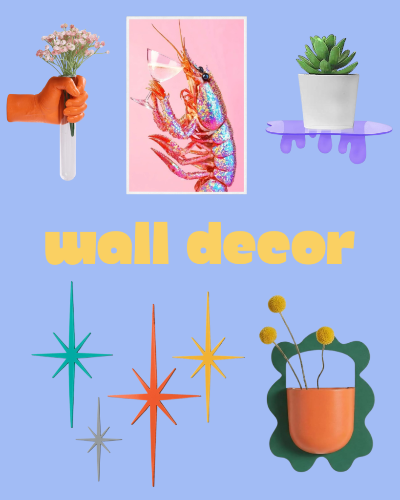 Colorful wall decor edit featuring bold peel and stick wallpaper gallery wall frames and maximalist wall accessories