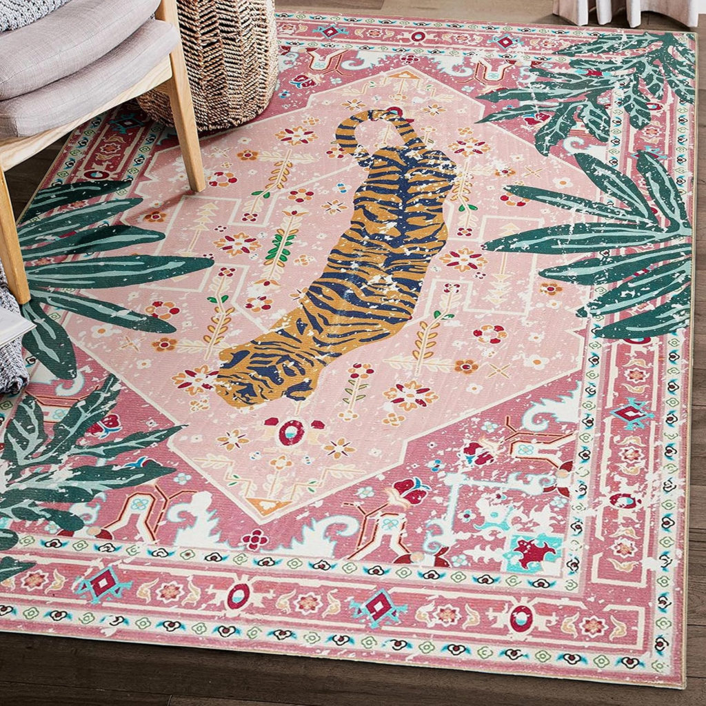 Aldopein washable tropical jungle area rug in multicolor vintage boho pattern
