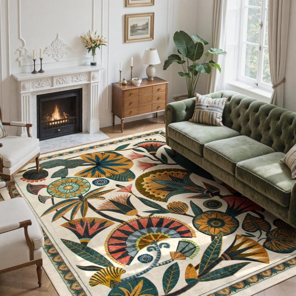 Zealude washable boho area rug in bold colorful botanical pattern for rental living room