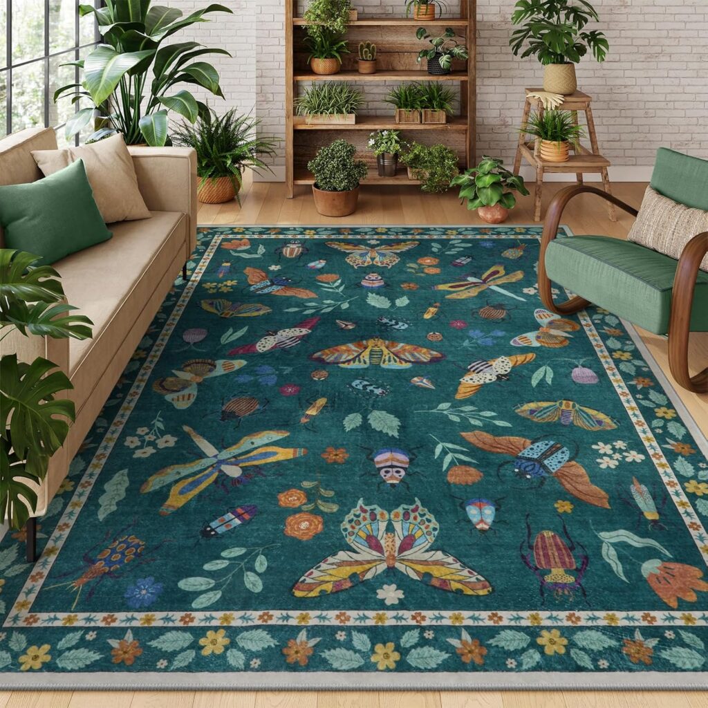 Washable insect print area rug in teal with botanical butterfly and dragonfly pattern for dopamine decor living room