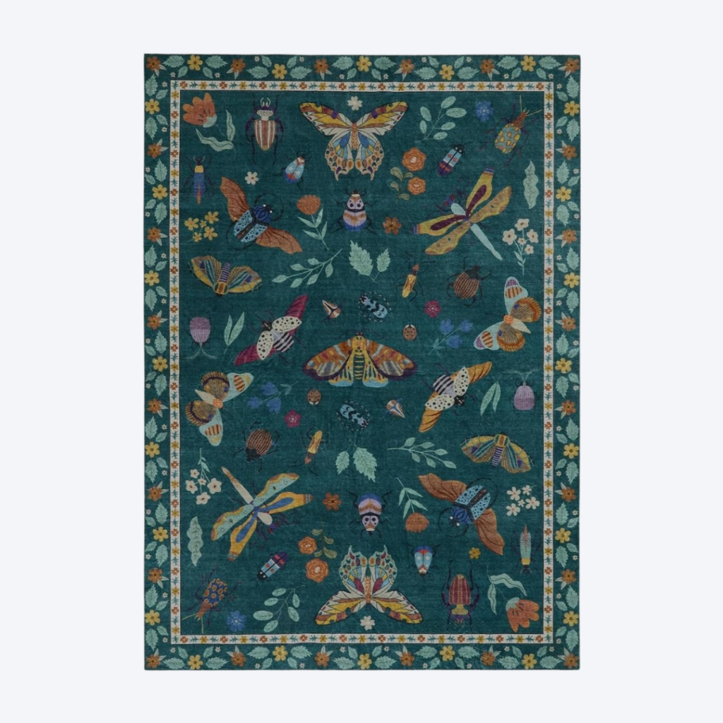 Washable insect print area rug in teal with botanical butterfly and dragonfly pattern for dopamine decor living room