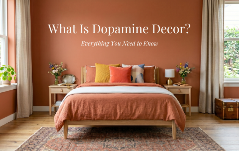 Warm terracotta dopamine decor bedroom with bold colorful cushions layered bedding and botanical prints illustrating what is dopamine decor
