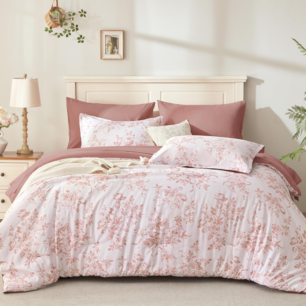 Andency pink floral 7-piece comforter set for dopamine decor bedroom styling