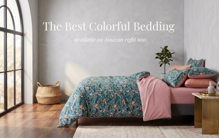 Teal floral comforter set styled with blush pink sheets in a bright bedroom illustrating the best colorful bedding on Amazon