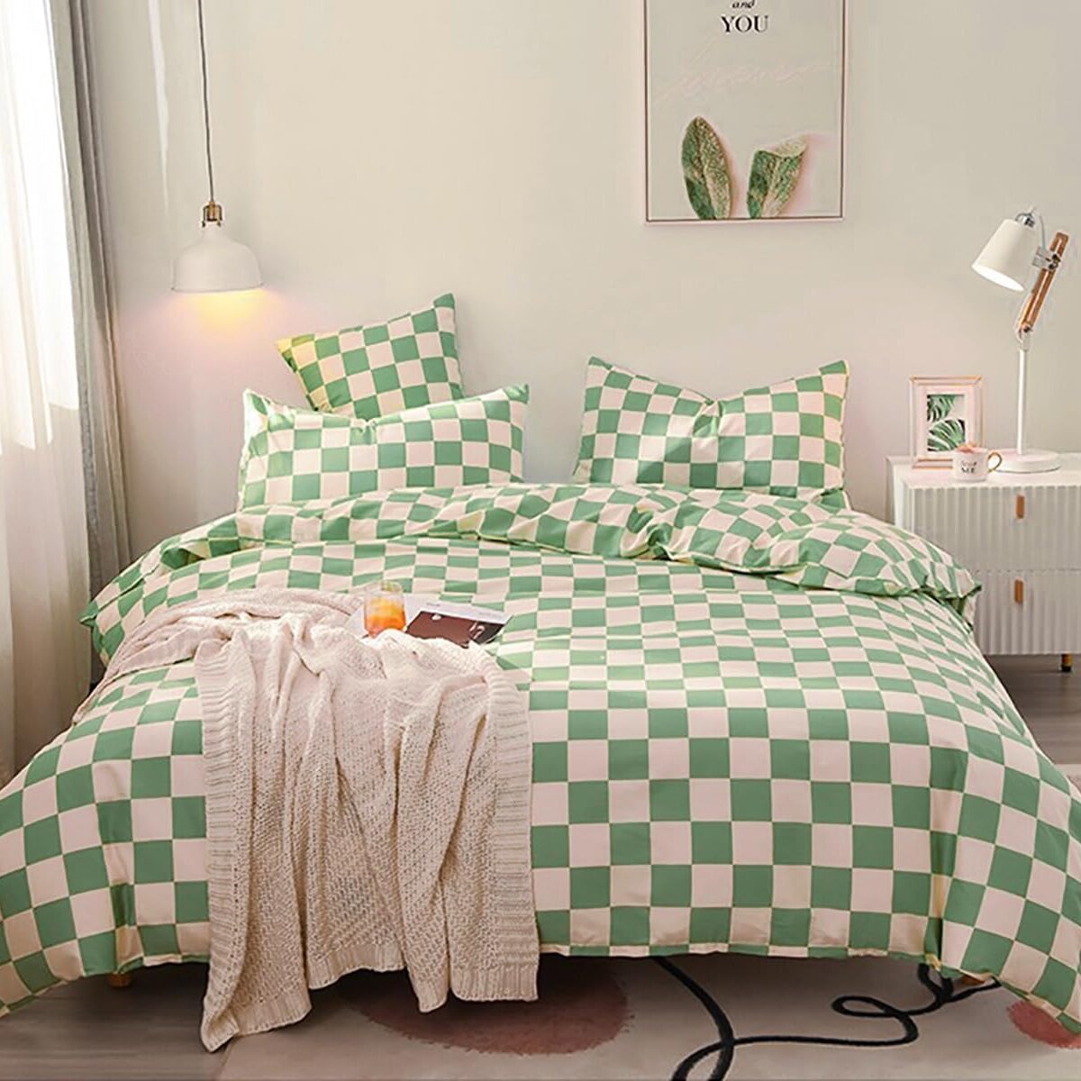 karever green and white checkered comforter set for bedroom dopamine decor