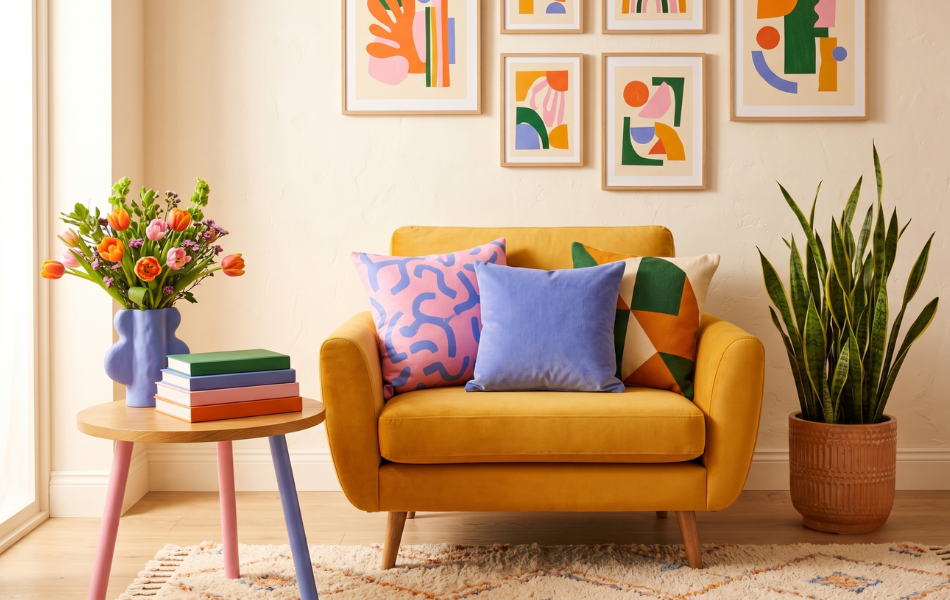 Colorful dopamine decor living room with yellow armchair, periwinkle vase and bold gallery wall representing the Magenta Mondays aesthetic