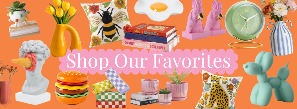 Colorful collage of dopamine decor home accessories from the Magenta Mondays shop including vases, cushions, sculptures and quirky decor finds