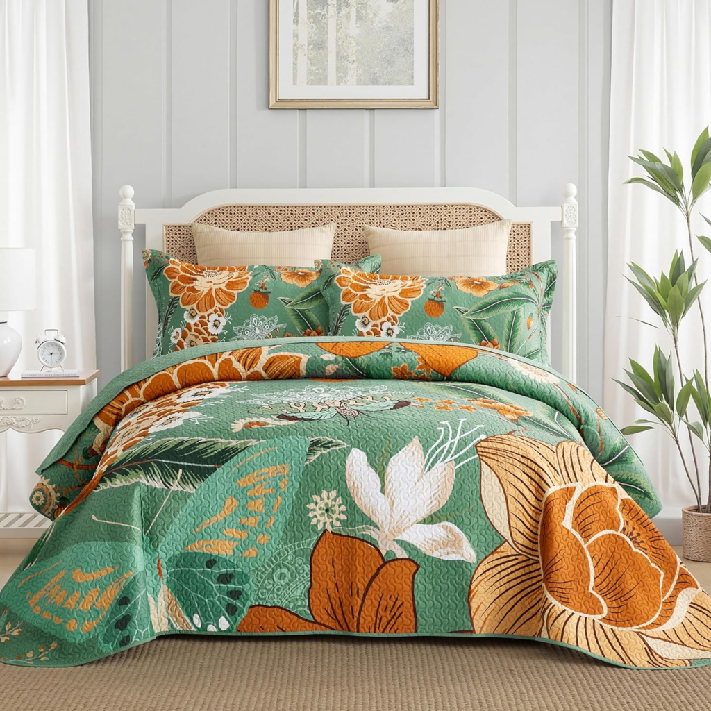 sage green boho floral quilt set for maximalist bedroom decor